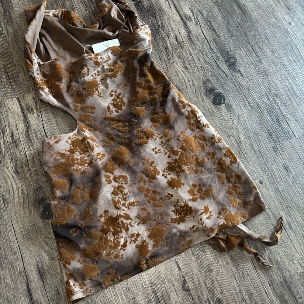 Y2k Style Windsor Brown Floral Burnout Pattern Cowl Halter Top Cutout Mini Dress - Picture 8 of 16